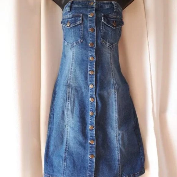 Strapless Denim Dress with Button Closure - Picture 1 of 4